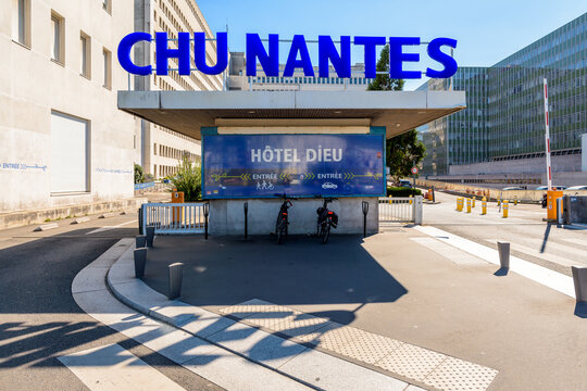 Nantes, France - September 17, 2022: Sign at the main entrance of the Centre Hospitalier Universitaire (CHU) de Nantes, an important regional university hospital.