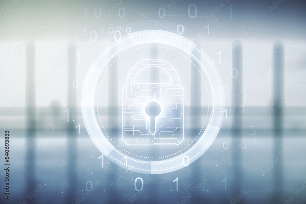 Poster double exposure of virtual creative lock hologram with chip on empty modern office background. infor