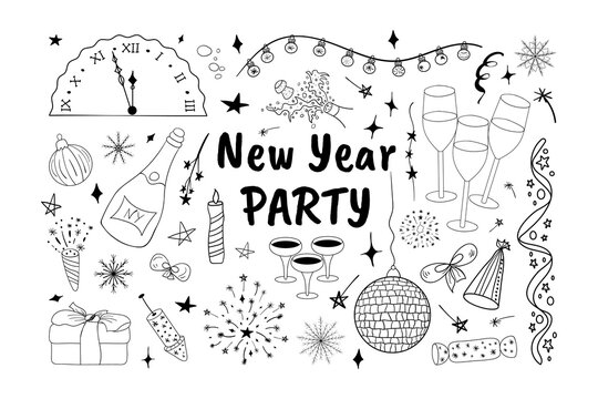 Set of New Year's Party Holiday clipart. Hand drawn New Year Party Holiday doodle symbols for design. Isolated on white background