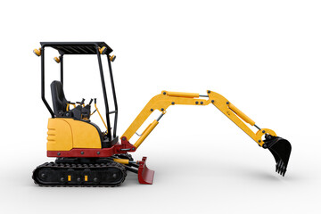 3D rendering of a yellow construction site excavator with mechanical arm extended isolated on a transparent background. © IG Digital Arts
