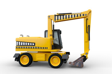 3D rendering of a yellow excavator construction vehicle with four wheels isolated on a transparent background.