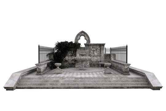Gothic courtyard with stone arch and fountain with steps in front and an iron railing fence. 3D illustration isolated on transparent background.