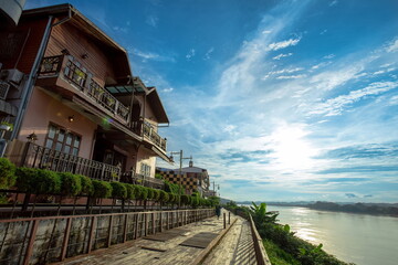 The scenery of the  Mekong River and walkway in Chiang Khan.