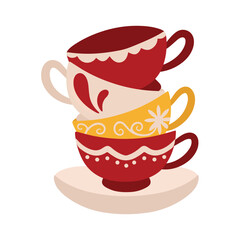 Tea cups set on saucer isolated on white background