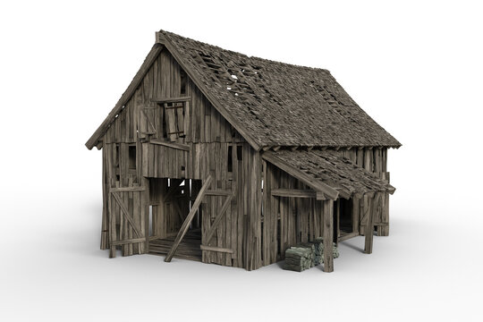 3D illustration of a decrepit old grey wooden barn with open doors and holes in the roof isolated on a transparent background.