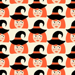 Cute witch girl in black hat hand drawn vector illustration. Adorable face of magical woman seamless pattern for halloween decoration, fabric or wallpaper.