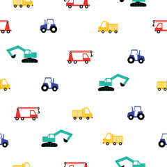 A simple pattern of cars. Small colored tractor, crane and truck on white background. Fashionable print for children's textiles and wallpaper, packaging.
