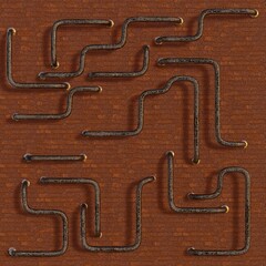 pipes with different bends covered with rust on a brick wall. 3d render illustration