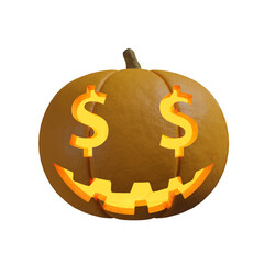 Orange pumpkin for Halloween with a scary smile and glowing eyes in the shape of a dollar sign on a dark, trick or treat theme with a transpared background, 3d rendering