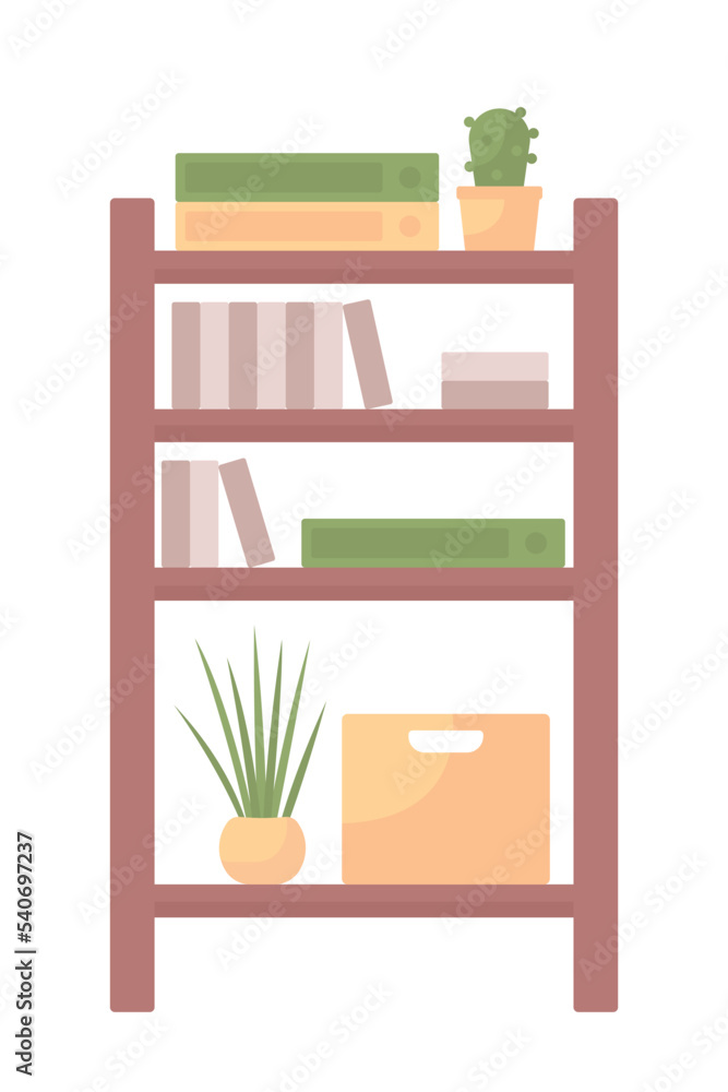 Poster rack with different items semi flat color vector object. shelving unit. editable element. full sized