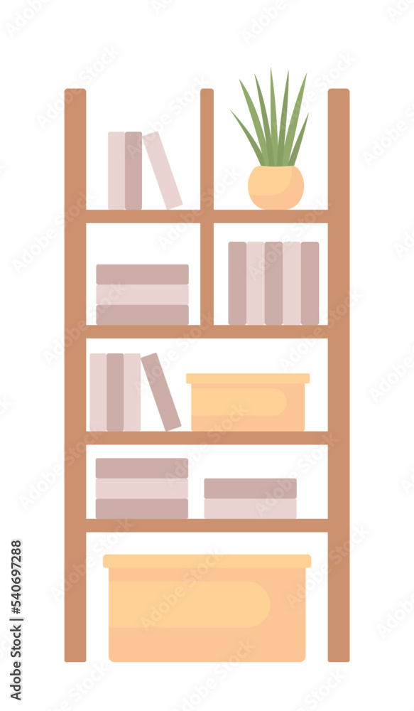Poster shelving unit with stuff semi flat color vector object. rack for office. editable element. full size