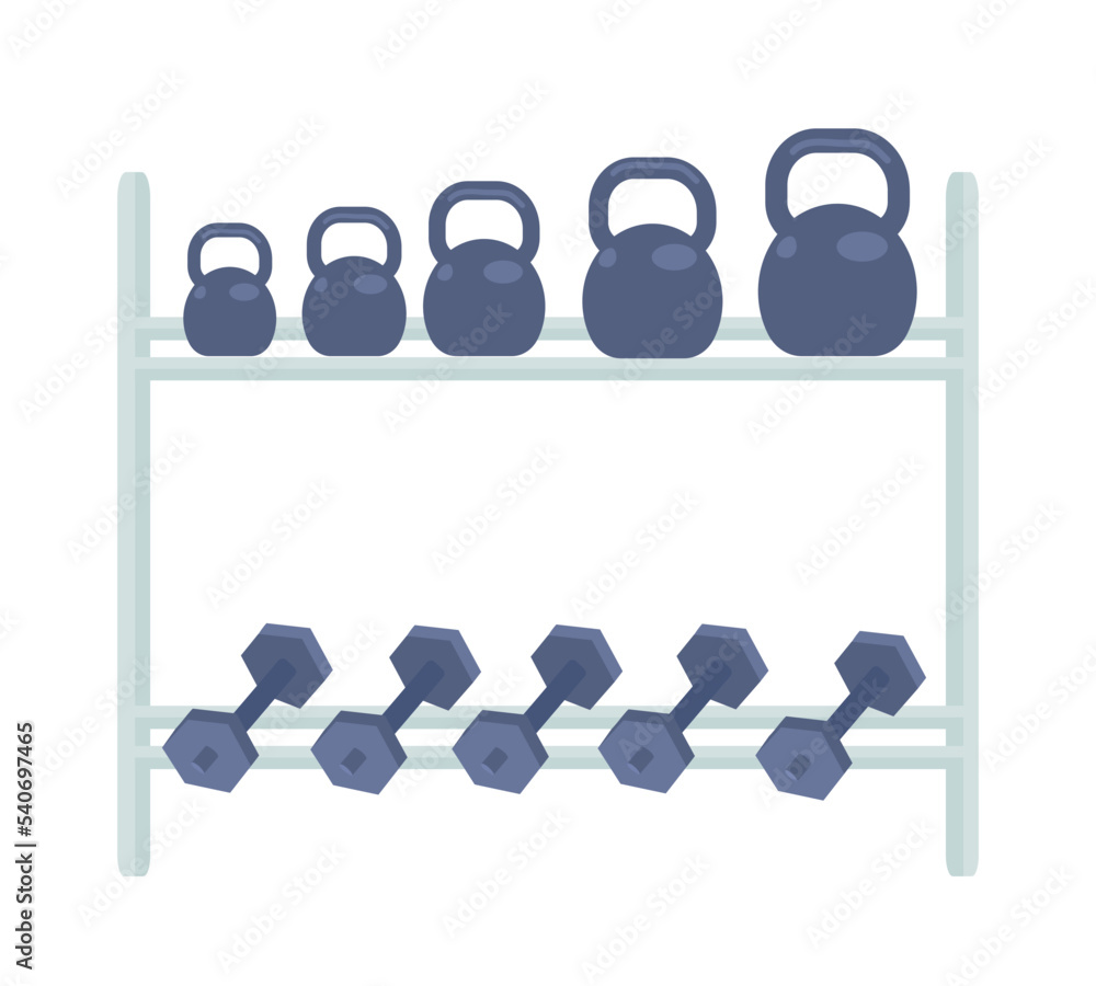 Poster shelving unit with dumbbells and kettlebells semi flat color vector object. editable element. full s