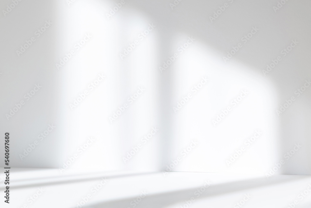 Poster Abstract white studio background for product presentation. Empty room with shadows of window. Display product with blurred backdrop.