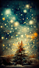 Fototapeta na wymiar Christmas tree, tree with snow, night, snow, snowflakes, lights, illustration, ai