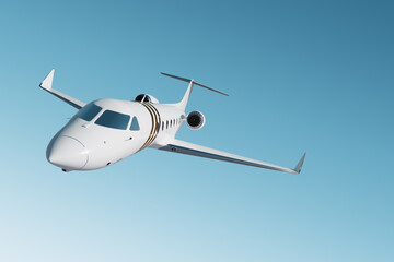 White private business jet flying in the sky, fluffy clouds. Business flights, private jet, luxury life, corporate travel, luxury travel. 3D illustration, 3D render.