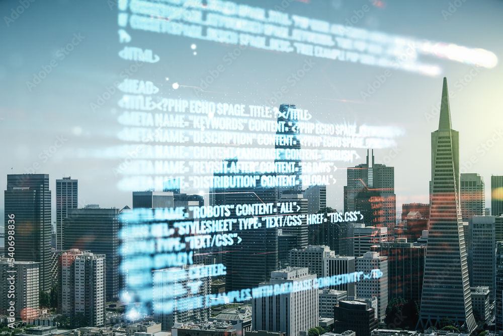 Poster abstract virtual coding illustration on san francisco cityscape background, software development con