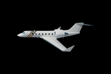 Fototapeta na wymiar Photorealistic rendering of a business jet, aircraft on a black background, isolate. The concept of business flights, private jet, luxury life, corporate business trips. 3D illustration, 3D render.
