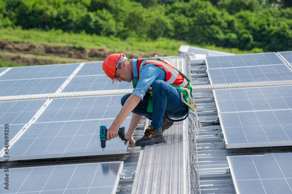 Aufkleber engineer maintenance checking installing solar roof panel on the factory rooftop,survey check solar 