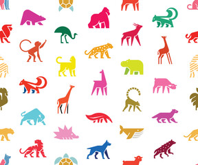 Seamless pattern with Animals logos. Animal logo set. Isolated on White background