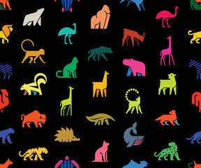 Seamless pattern with Animals logos. Animal logo set. Isolated on Black background