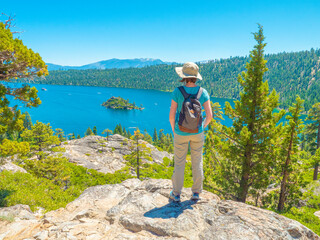 Tourist on a mountain, Tahoe lake, USA