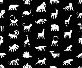Seamless pattern with Animals logos. Animal logo set. Isolated on Black background