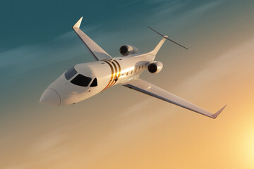 Fototapeta na wymiar White private business jet on the background of the sunset in the sky, fluffy clouds. Business flights, private jet, luxury life, corporate travel, luxury travel. 3D illustration, 3D render.