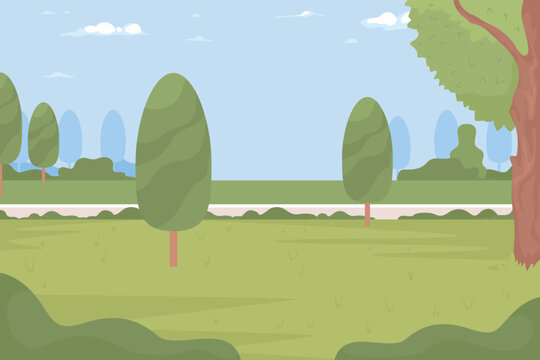 Trees and green lawn in park flat color vector illustration. Empty urban garden. Recreation place at summertime. Fully editable 2D simple cartoon landscape with blue sky on background