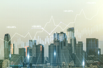 Multi exposure of virtual abstract financial graph interface on Los Angeles cityscape background,...