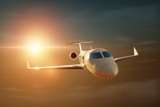 White private business jet on the background of the sunset in the sky, fluffy clouds. Business flights, private jet, luxury life, corporate travel, luxury travel. 3D illustration, 3D render.