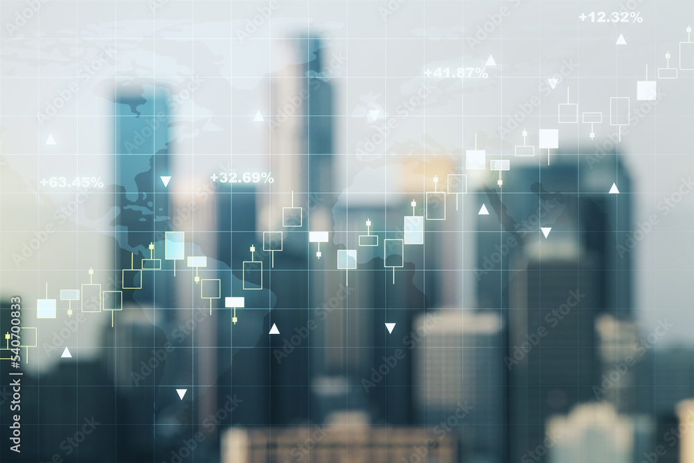 Poster multi exposure of virtual abstract financial graph hologram and world map on blurry skyscrapers back