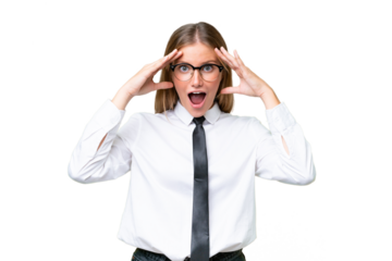 Young business caucasian woman over isolated background with surprise expression
