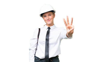 Young architect caucasian woman with helmet and holding blueprints over isolated background happy and counting three with fingers