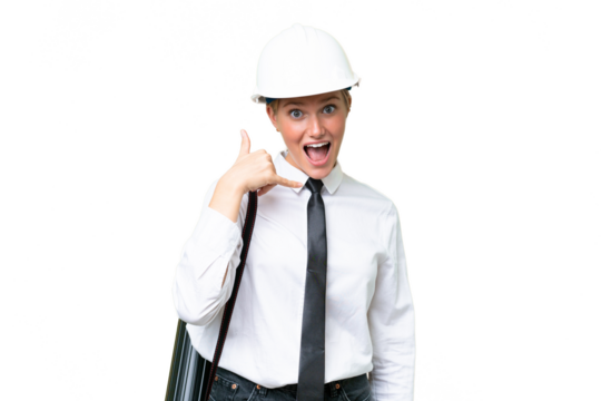 Young architect caucasian woman with helmet and holding blueprints over isolated background making phone gesture. Call me back sign