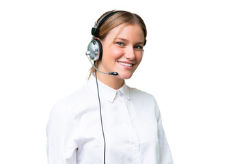 Telemarketer caucasian woman working with a headset over isolated background with happy expression