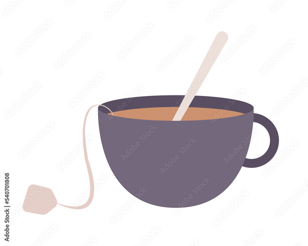 Poster cup of tea with spoon semi flat color vector object. brewed beverage. editable element. full sized i