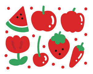 Red concept hand drawing illustration set. Strawberry, flower, apple, bell pepper, pepper, cherry, tulip, watermelon, food, fruit.
