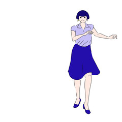 ダンスをするマッシュルームヘアの女性　青