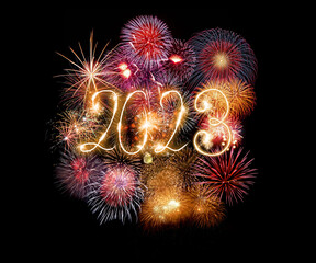 Happy new year greeting card with 2023 golden numbers and fireworks series on dark background with empty space for text