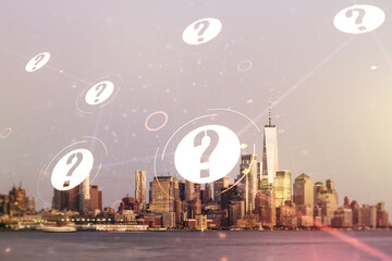 Abstract virtual question mark sketch on Manhattan cityscape background, FAQ and research concept. Double exposure