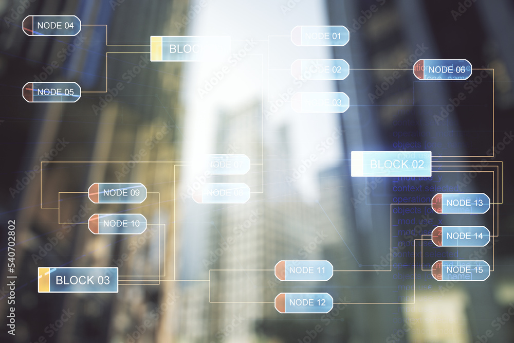 Aufkleber abstract virtual coding concept on office buildings background. multiexposure