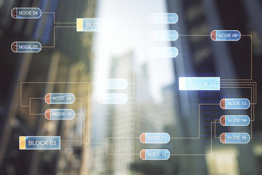 Abstract virtual coding concept on office buildings background. Multiexposure