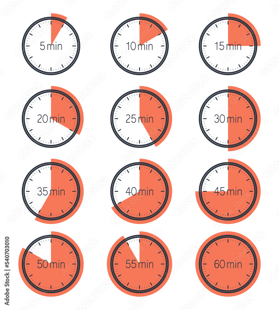 Sticker Timers  graphic icons set. Countdown symbols collection from 5 to 60 minutes. Design templates isolated on white background. Vector illustration 