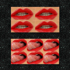 Contemporary digital collage art. Sensual sexy lips in cosmic space