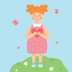 World Childrens Day. Poster with a cute girl and a heart in her hands. Vector illustration. Greeting card for children's day.Cartoon style.