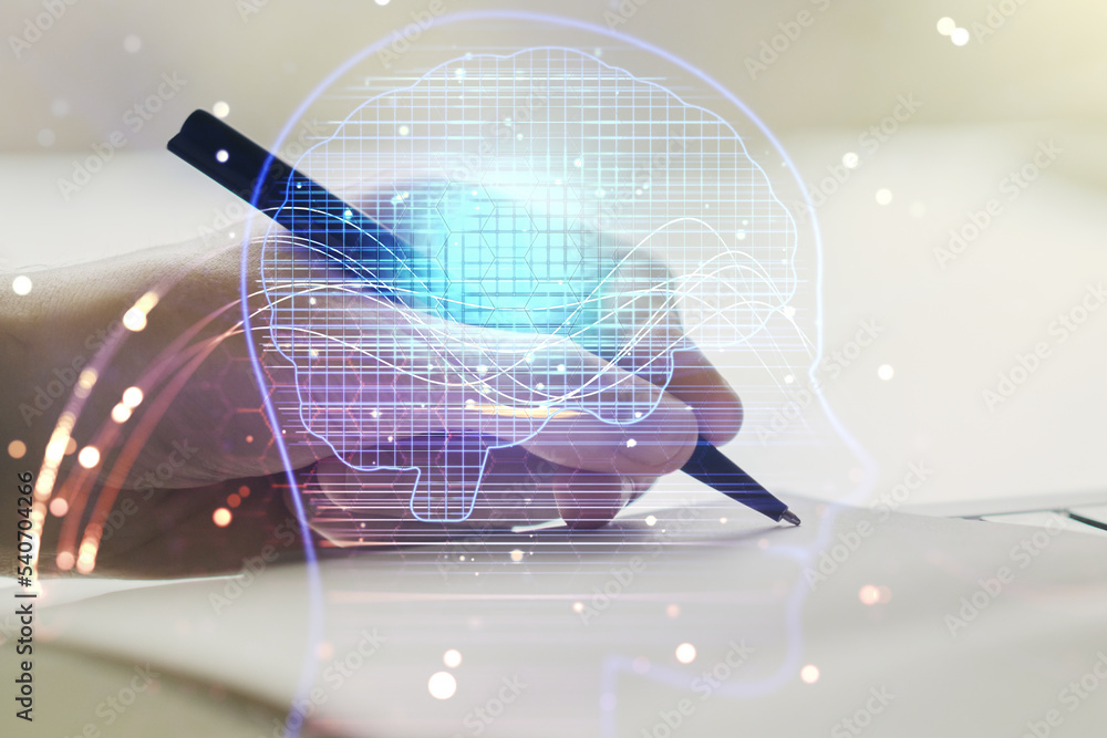 Aufkleber Double exposure of creative human head microcircuit with man hand writing in notepad on background. Future technology and AI concept