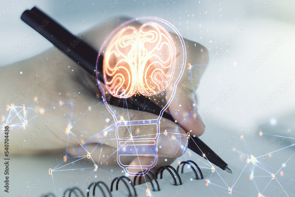 Poster creative idea concept with light bulb and human brain illustration with man hand writing in notebook