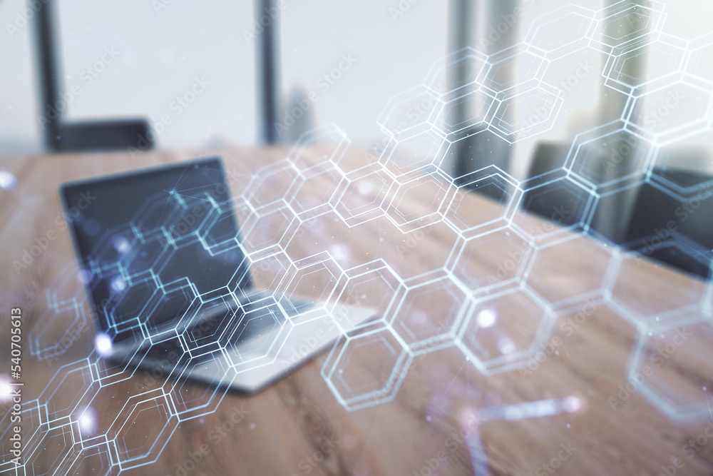 Poster double exposure of technology hologram with hexagon on laptop background. research and development s