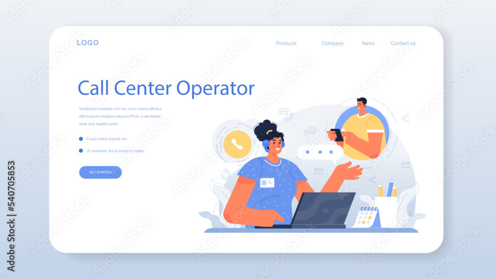 Aufkleber call center operator web banner or landing page. technical support