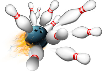 A flame bowling ball scoring a strike strike with ten pins flying in all directions - obrazy, fototapety, plakaty
